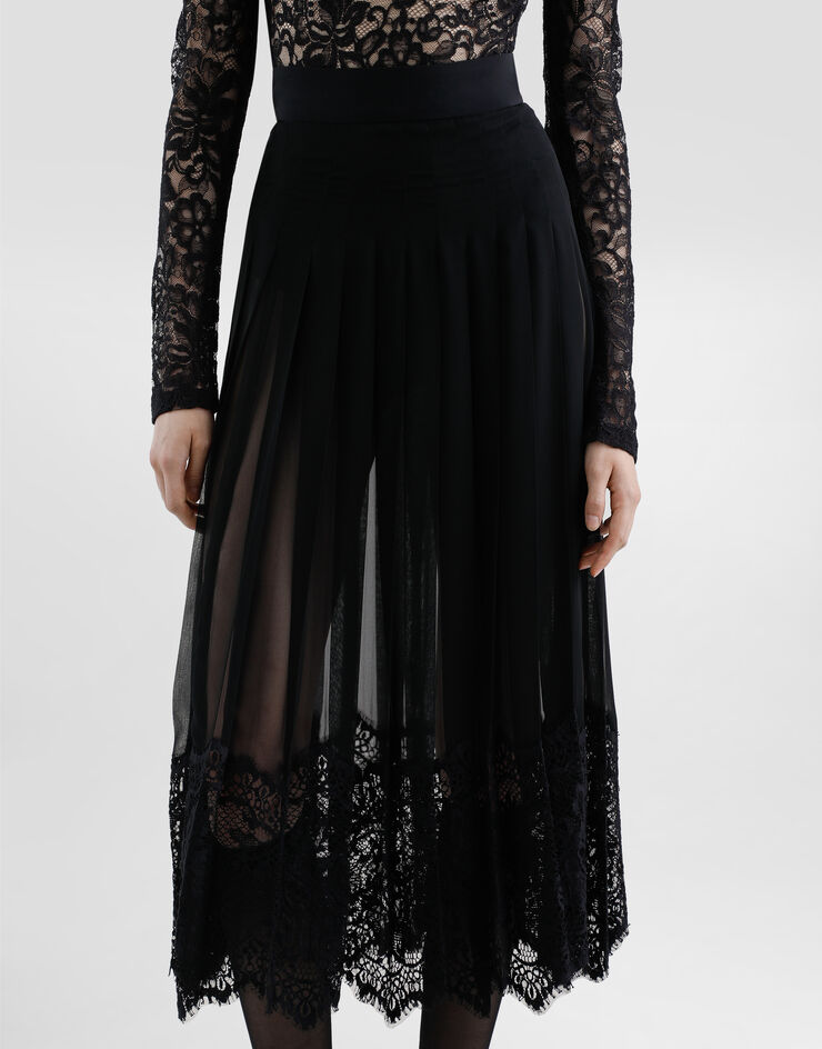 Dolce & Gabbana Calf-length circle skirt in pleated georgette with lace trims Black F4BFTTFUSNW