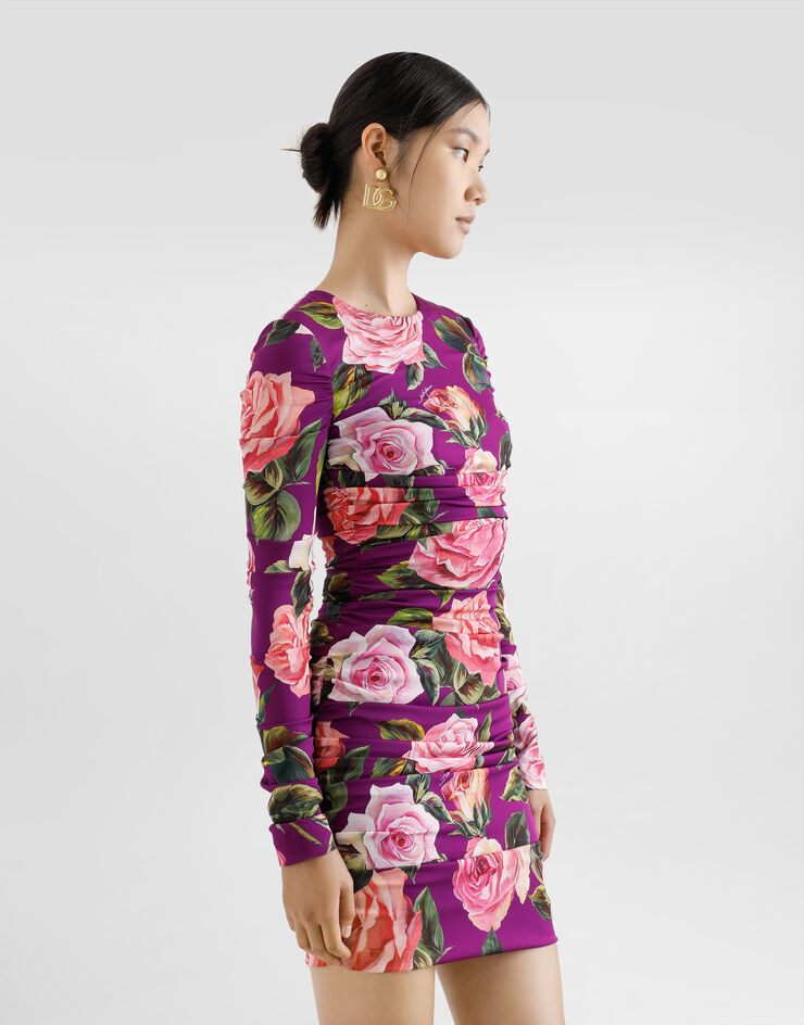 Dolce & Gabbana Charmeuse midi sheath dress with draping and rose print Print F6TLTTFSA7A
