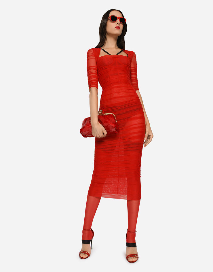 Dolce & Gabbana Tulle calf-length dress with draping Red F6XD3TFLRDA