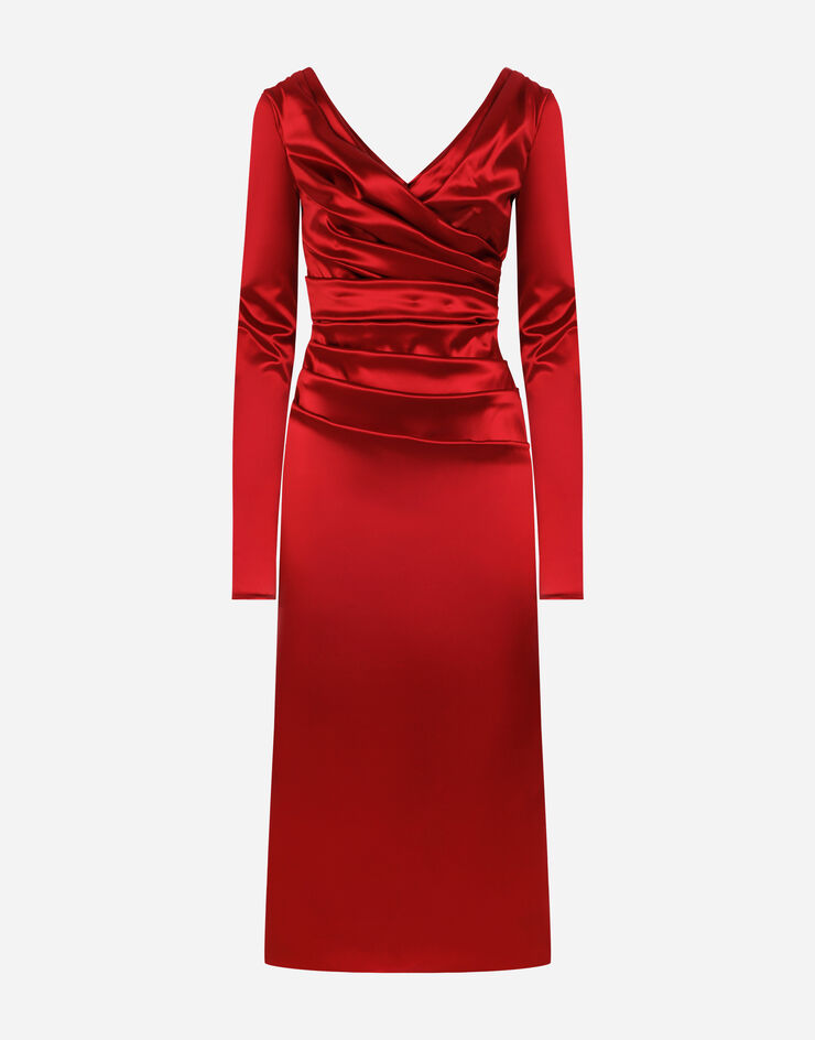 Dolce&Gabbana Satin draped calf-length dress Red F6DJFTFURAD