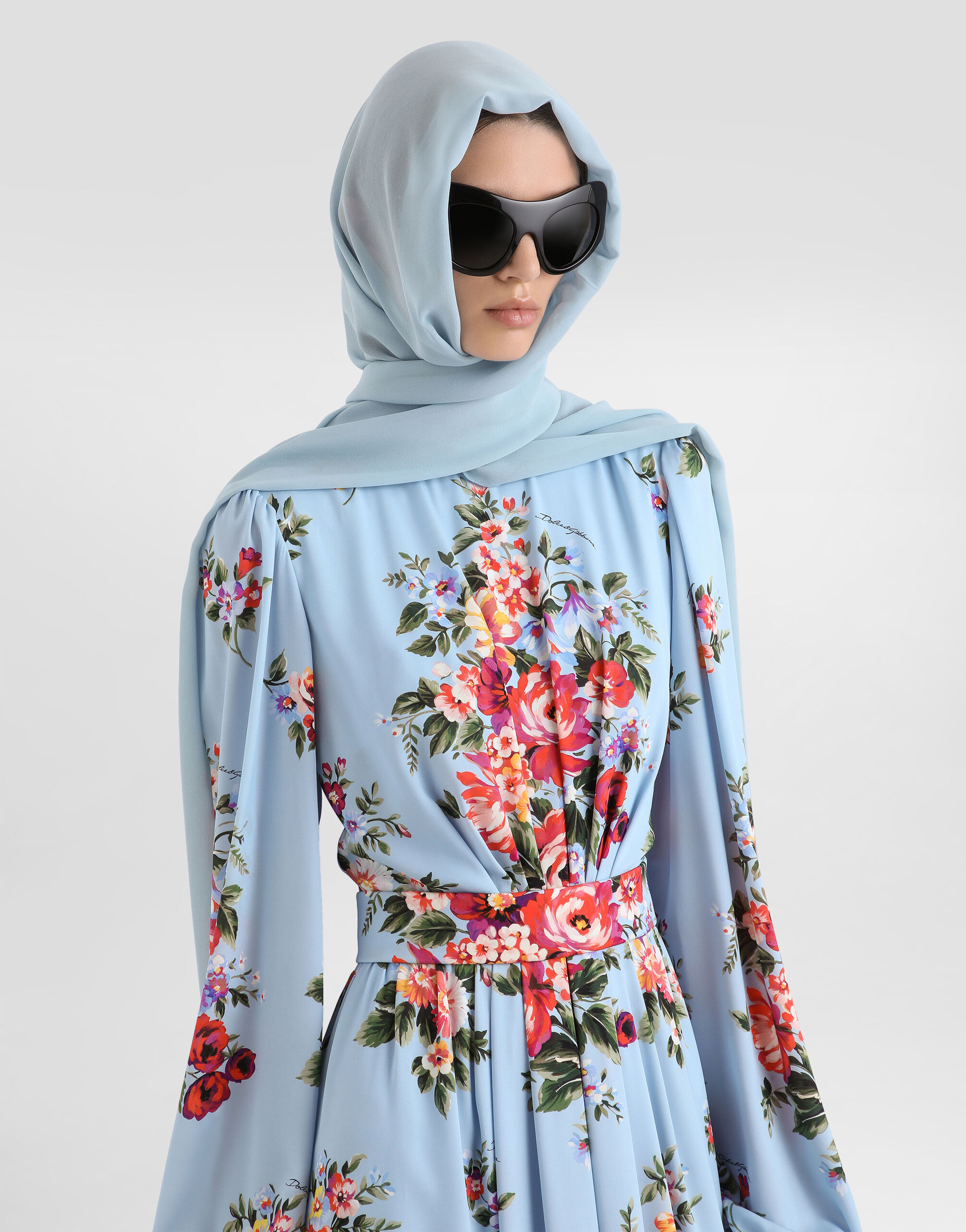 Flower bouquet-print charmeuse dress in Multicolor for Women