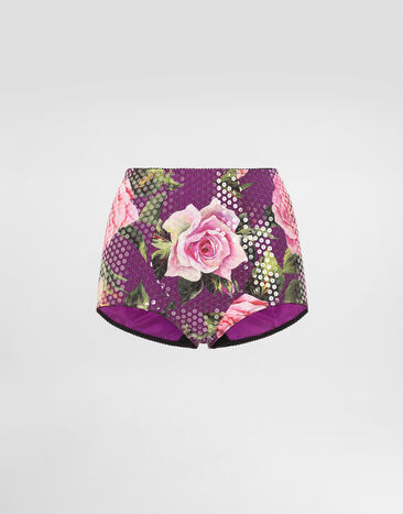 Dolce & Gabbana Sequin-embroidered cady high-waisted panties with rose print Pale Pink O1B12TON06G