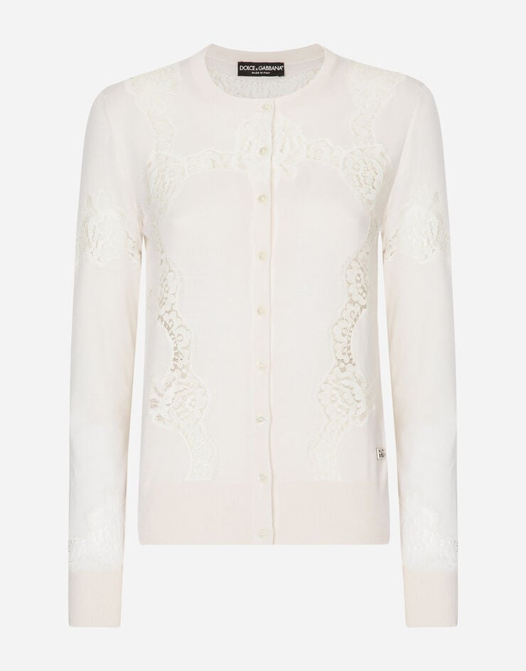 Dolce & Gabbana Cardigan in cashmere e seta con intarsi in pizzo Bianco FXJ16TJEMO7