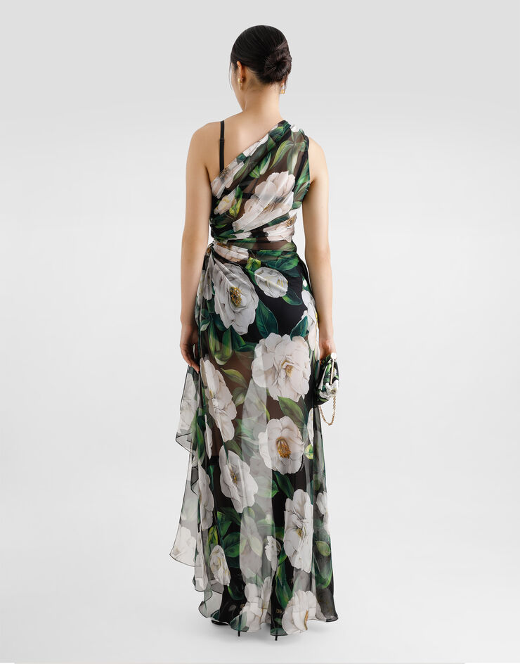 Dolce & Gabbana Long one-shoulder gardenia-print chiffon dress Print F6TLHTIS1XD