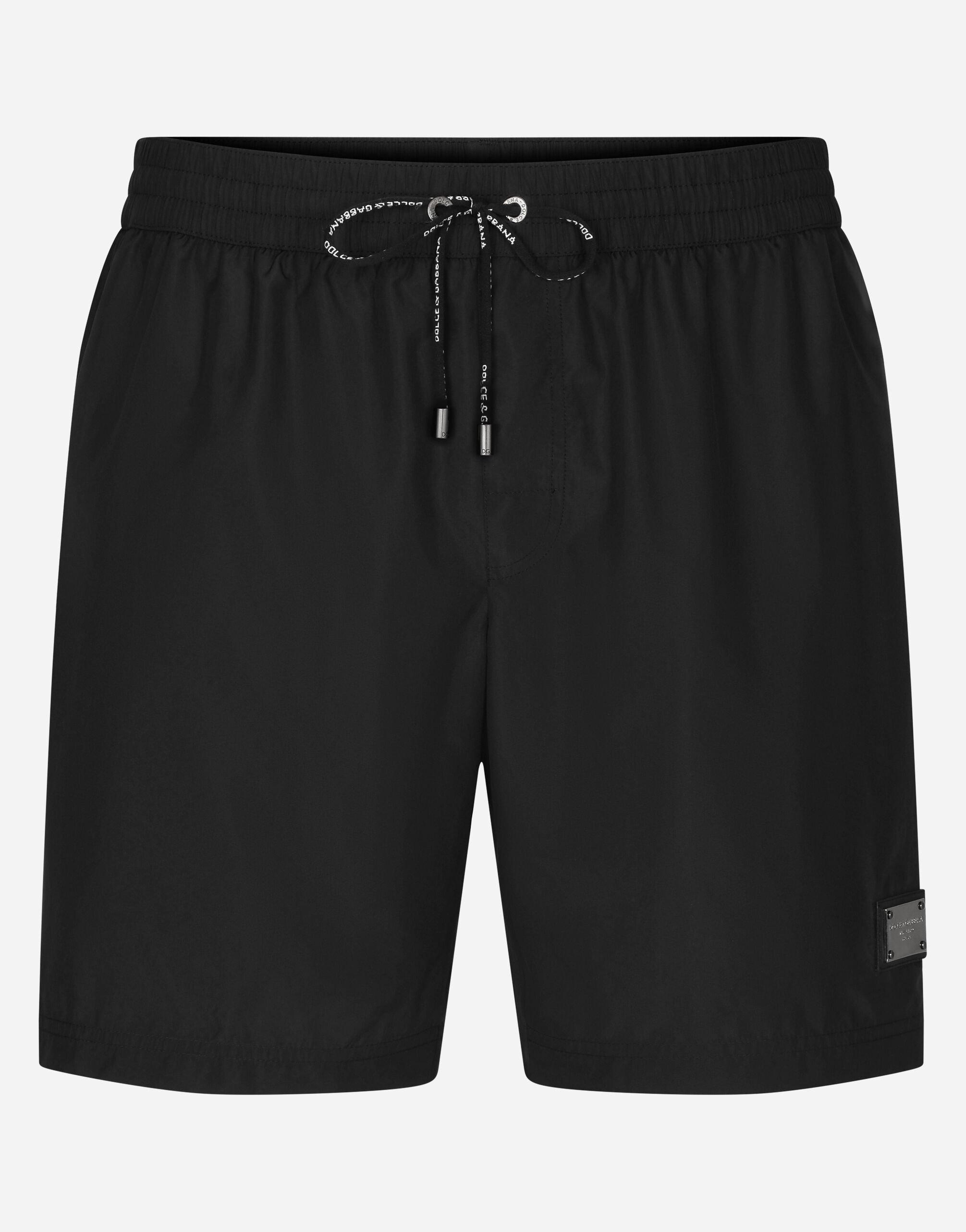 Mid length swim trunks with branded plate in Black for Men Dolce Gabbana