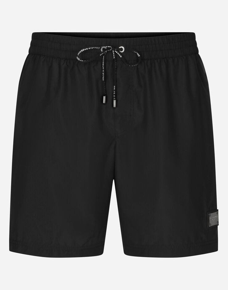 Dolce & Gabbana Mittellange Badeshorts mit Logoplakette Schwarz M4E45TFUSFW