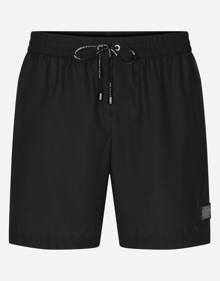 Dolce & Gabbana Mid-length swim trunks with branded plate Black M4E45TFUSFW