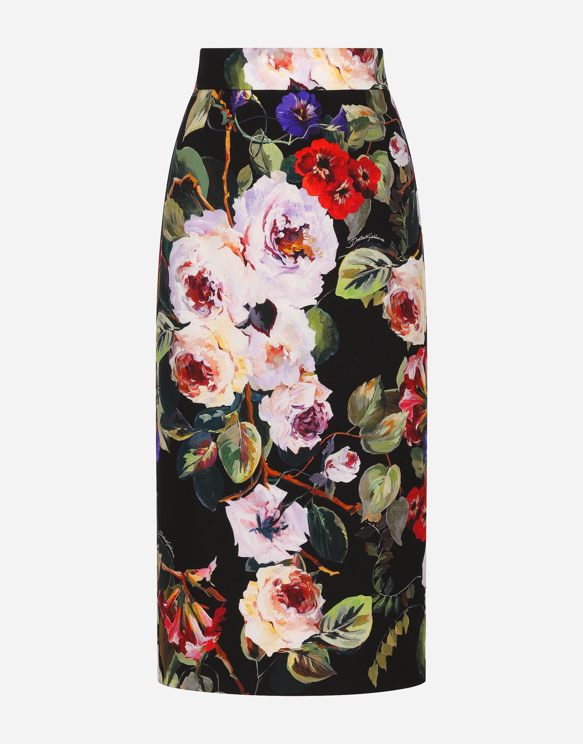 Dolce & Gabbana Charmeuse calf-length skirt with rose garden print Print F4CWBTHS5R7