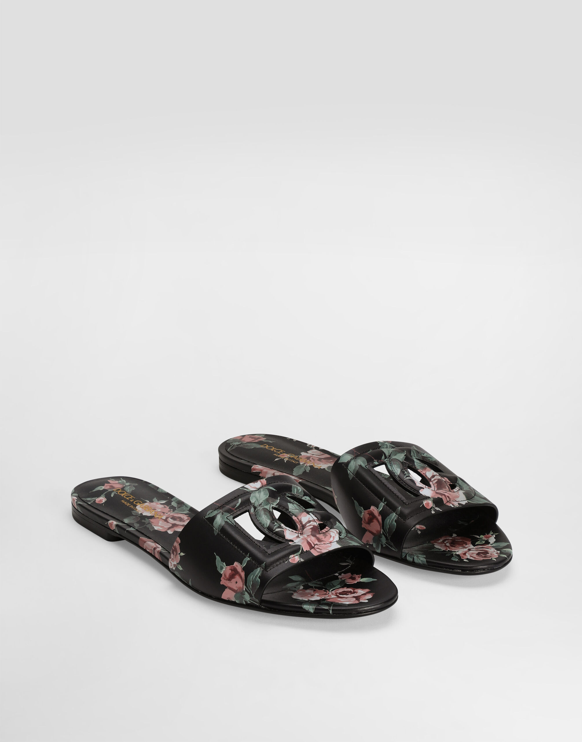 Calfskin flat slippers with rose print in Multicolor for Women