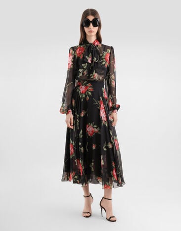 Dolce & Gabbana Oberteil aus Chiffon mit Rosenbouquet-Print Mehrfarbig F7BJ2TIS11F