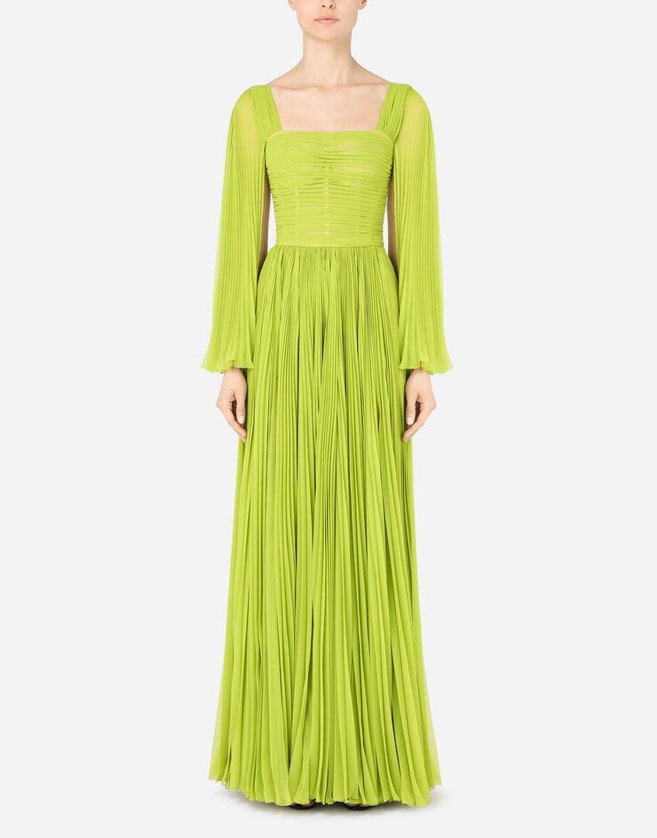 Dolce & Gabbana Vestido largo en chifón plisado soleil Verde F6K4BTFUSMU