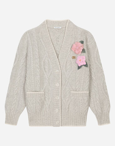 Dolce & Gabbana Cable-knit cardigan with DG logo and floral detailing Pink L5KWH6JFMNG