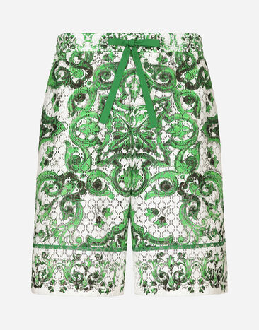 Dolce & Gabbana Crochet lace jogging shorts with majolica print Print G5IF1THI1SV
