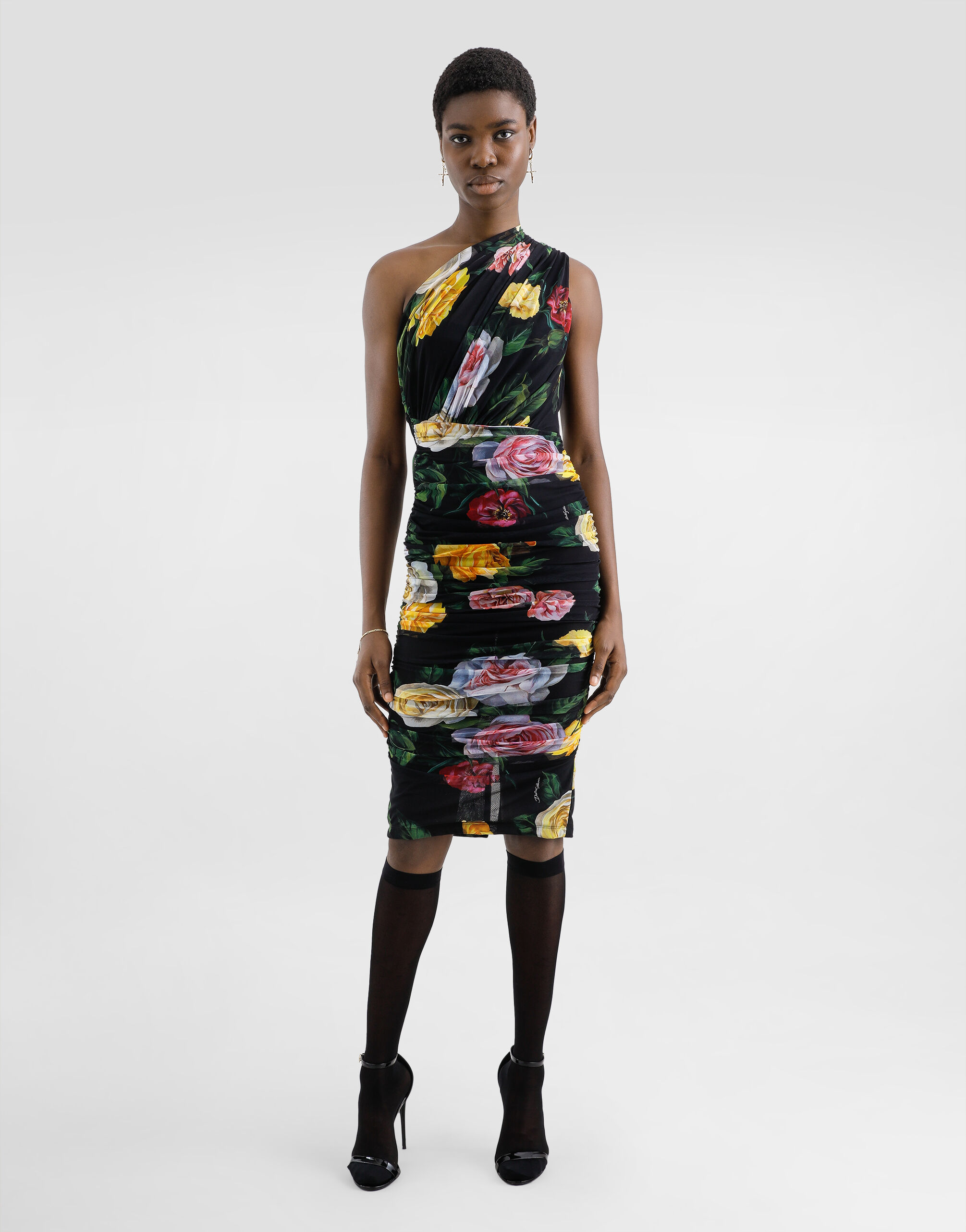使い勝手の良い Tulle one-shoulder calf-length dress with peony and rose ワンピース