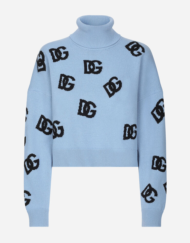 Dolce & Gabbana Jersey de cuello alto de lana con logotipo DG en intarsia Azul Claro FXW04TJCVZL