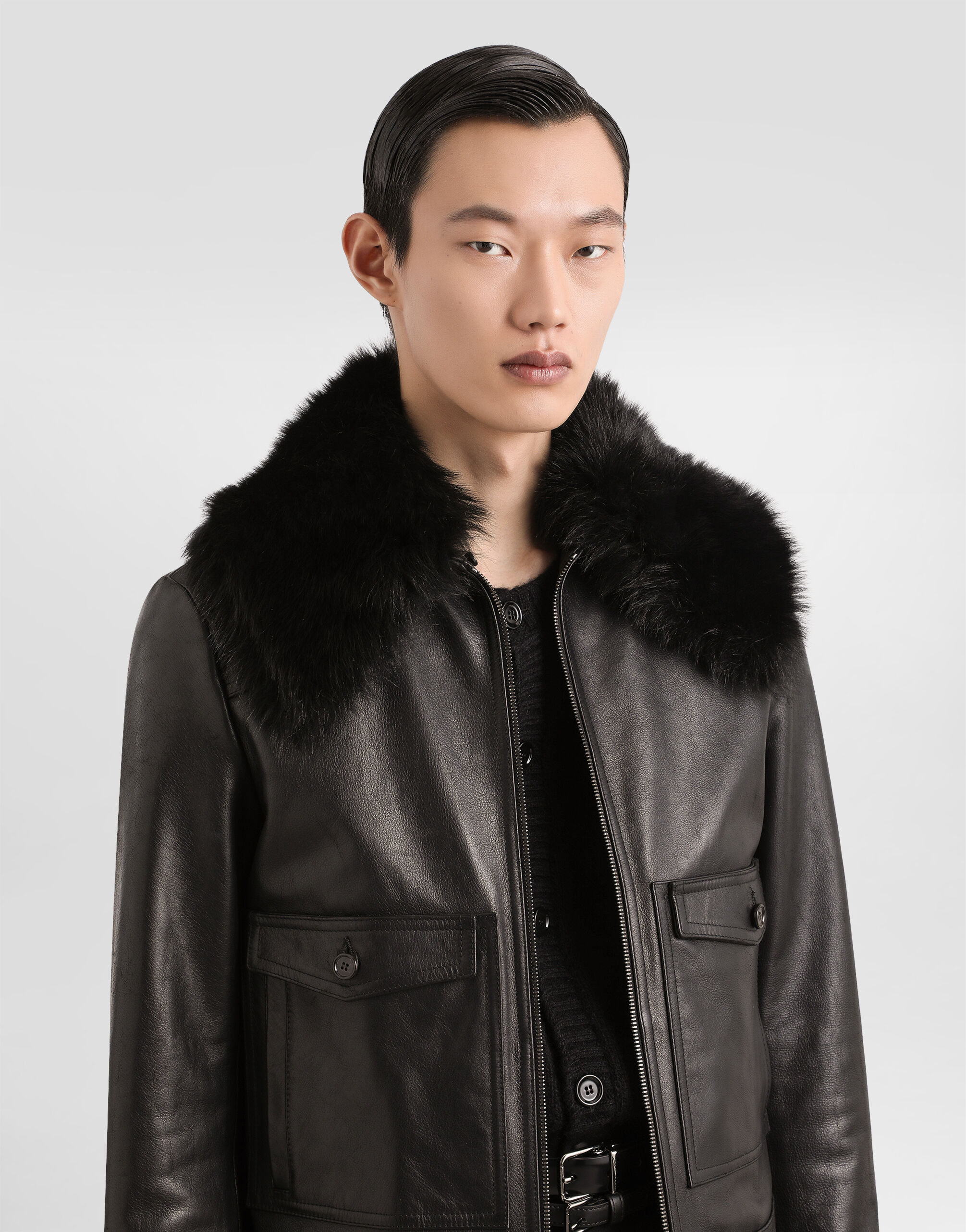 Leather jacket with fur collar in Black for Men