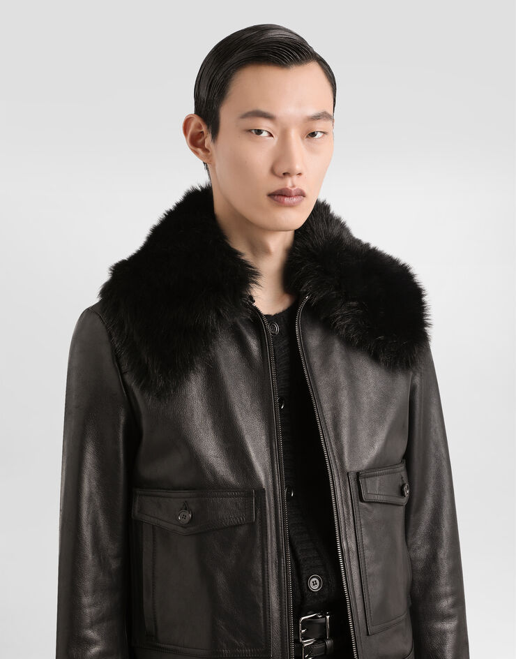 Dolce & Gabbana Single-breasted coat with fur collar Black G9BUQLHULXF