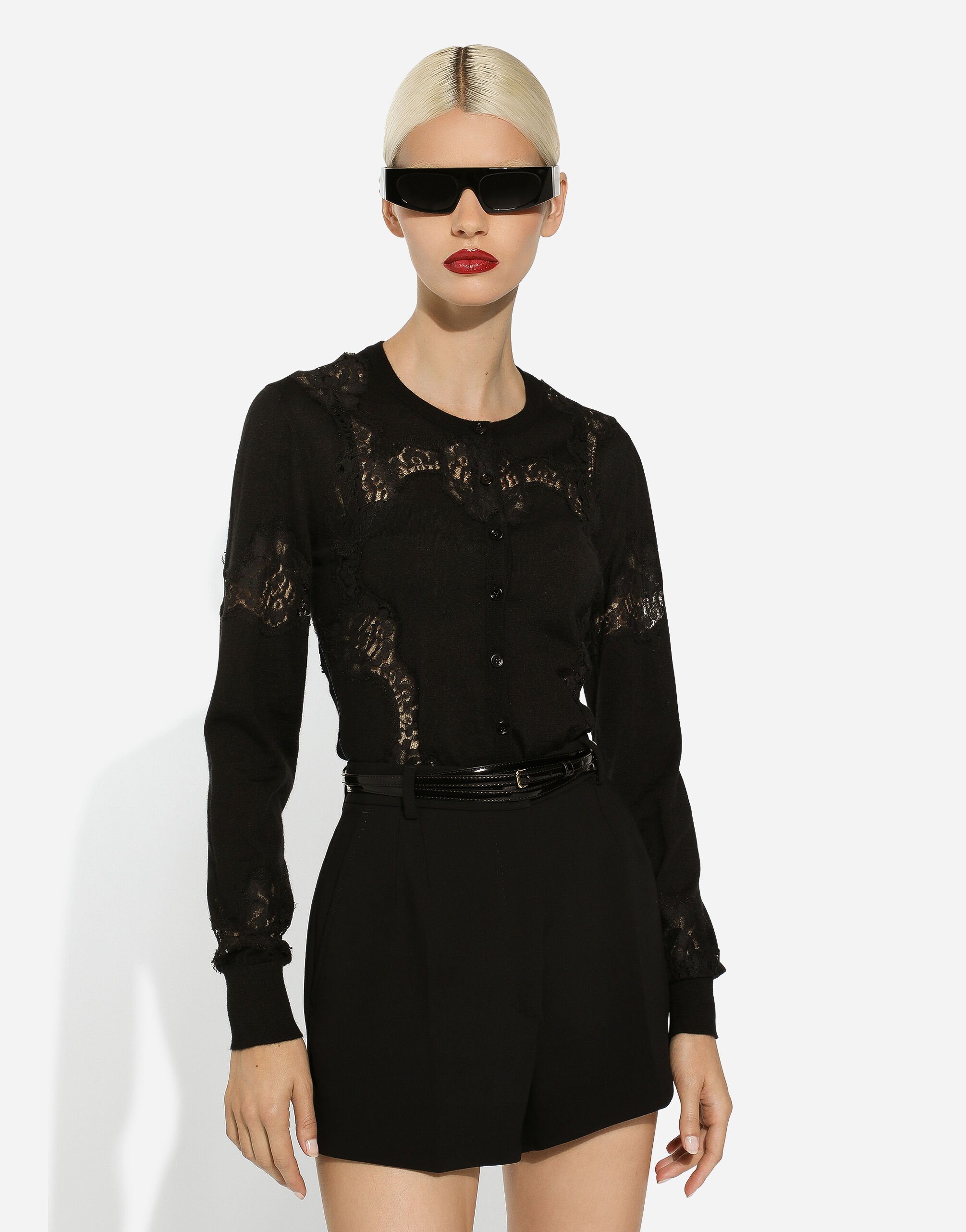 Cashmere and silk cardigan with lace inlay in Black for