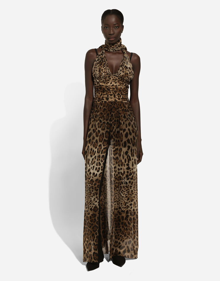 Dolce & Gabbana 레오파드 프린트 시폰 롱 드레스 인쇄 F6JGUTFS1AR