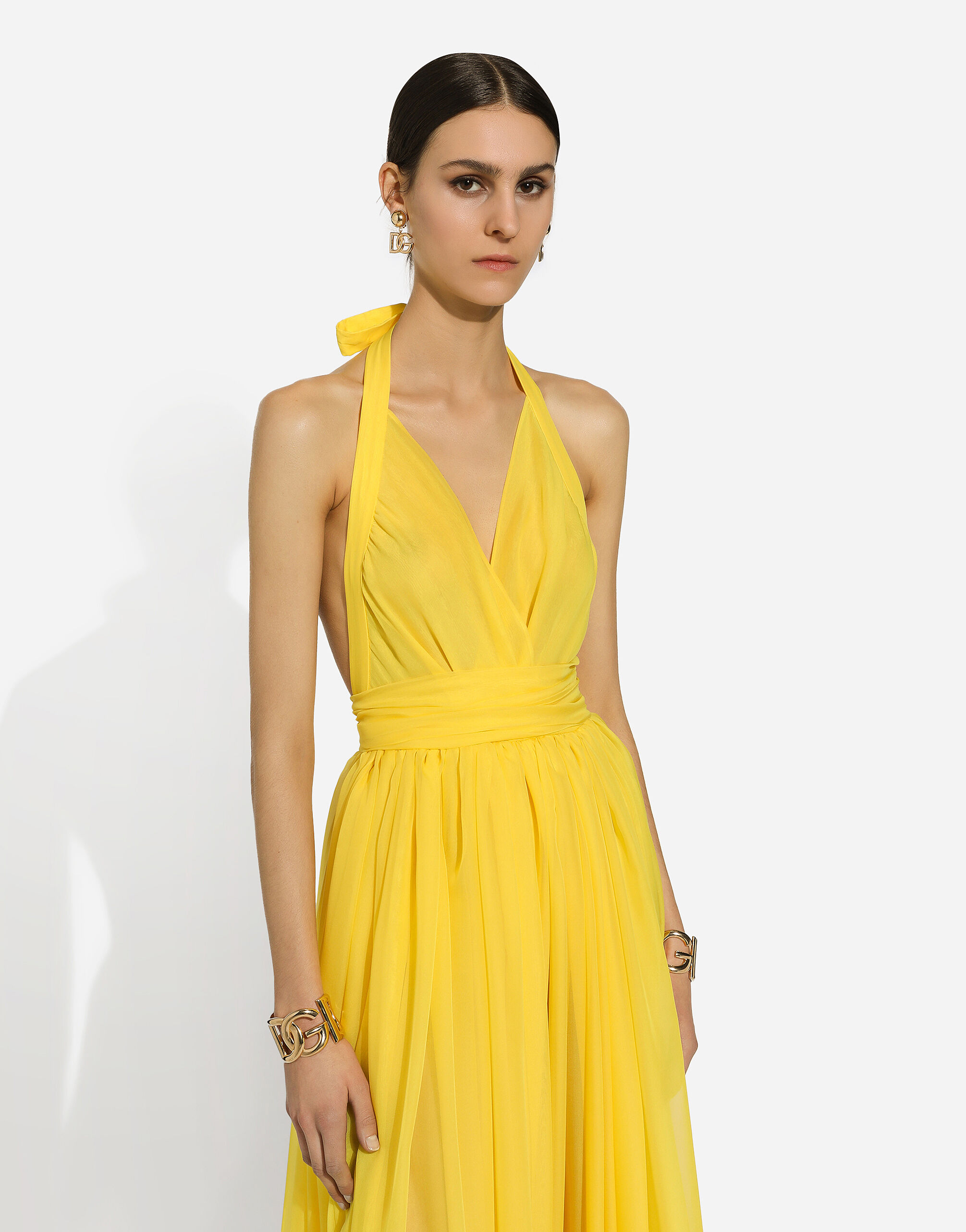 Long sleeveless silk chiffon dress in Yellow for Women Dolce Gabbana