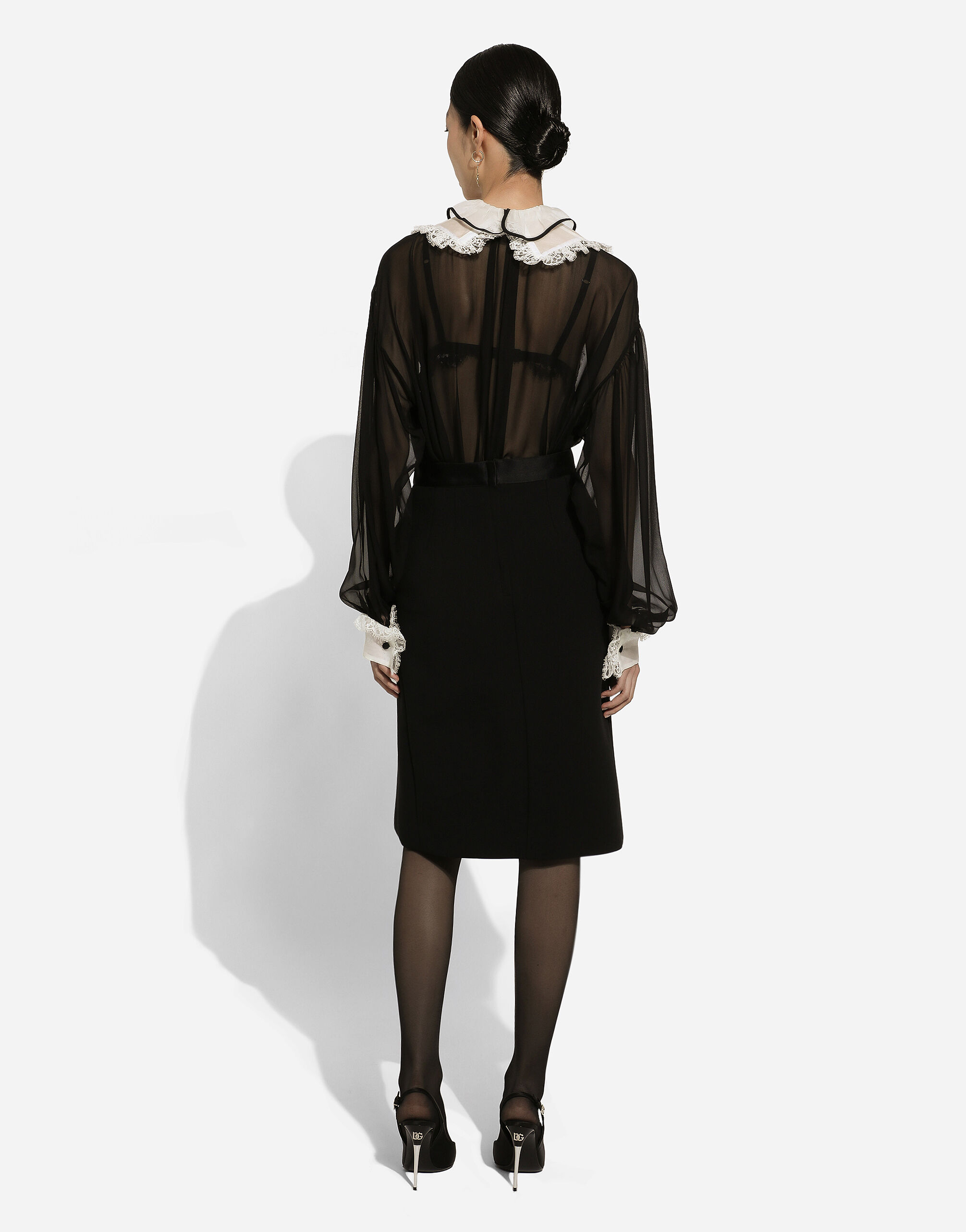 Wool midi pencil skirt with satin waistband in Black for Women Dolce Gabbana US
