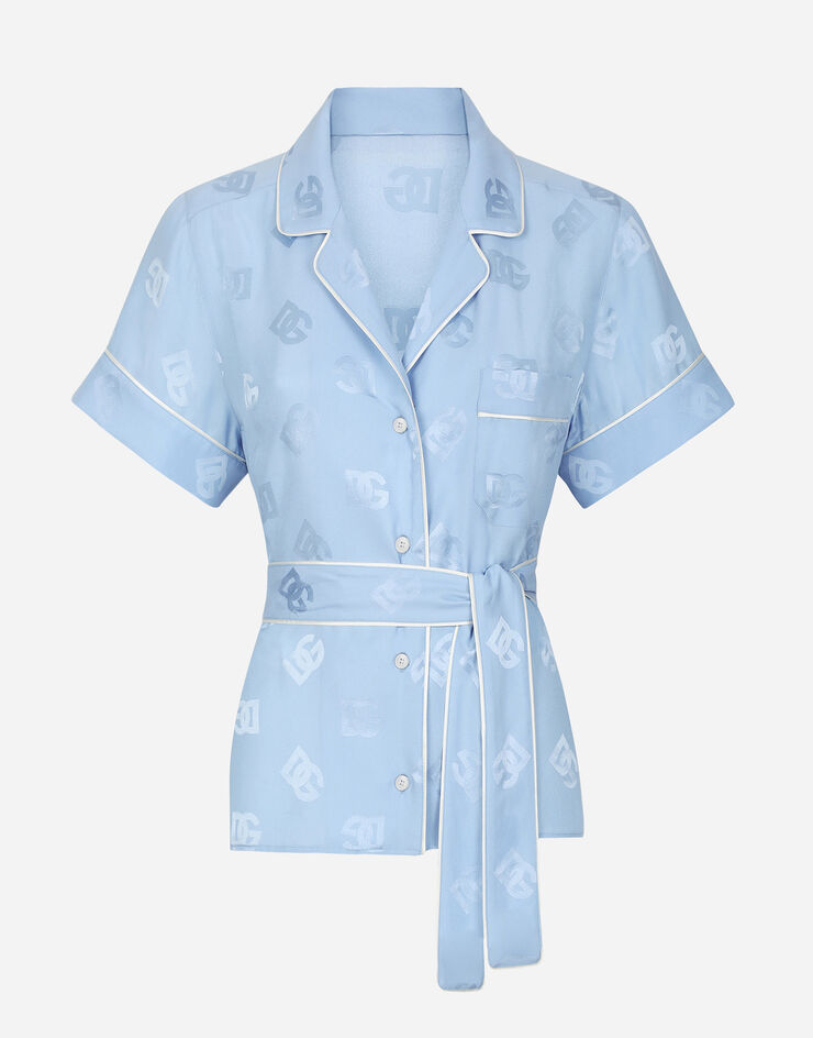 Dolce & Gabbana Short-sleeved silk satin jacquard pajama shirt with DG logo Azure F5G67TFJ1JO