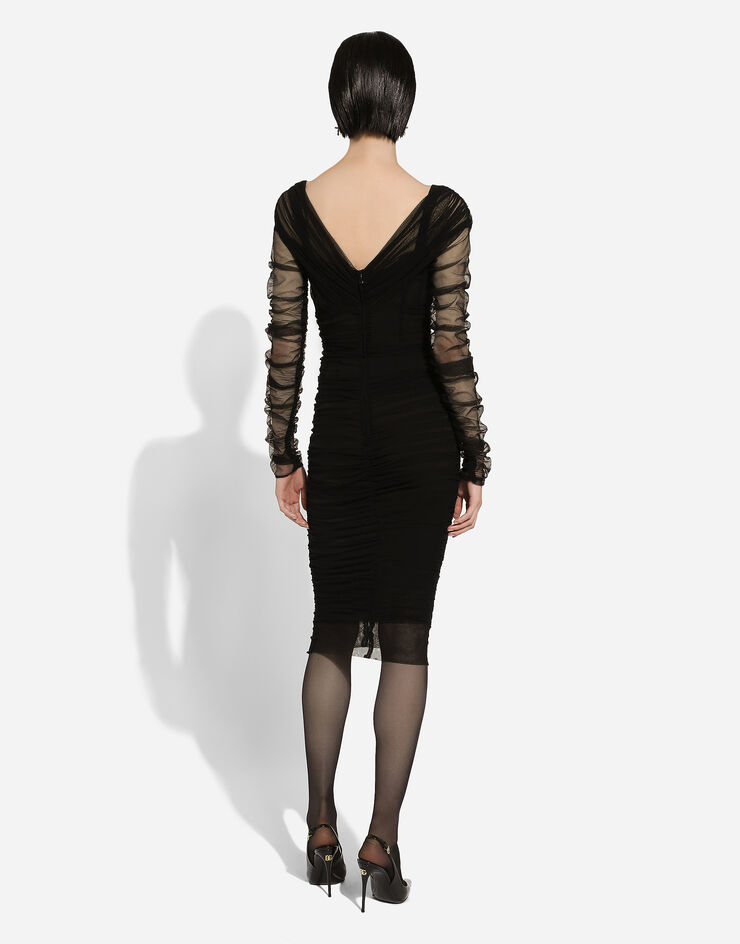 Dolce & Gabbana Vestido longuette drapeado en tul de algodón Negro F6G8QTFLEAA