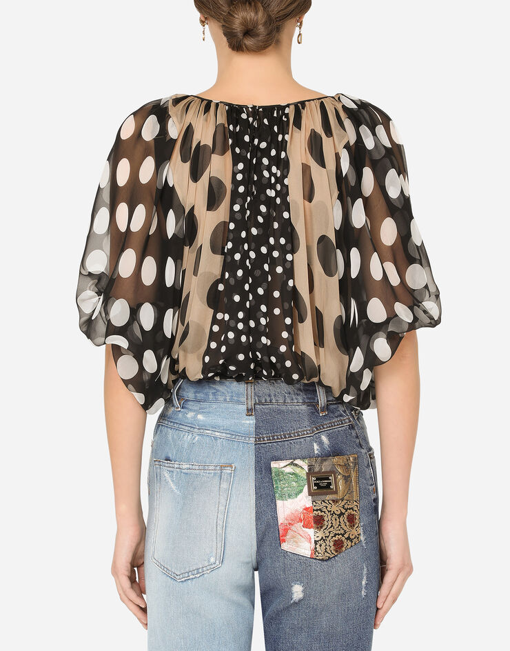Dolce & Gabbana Short-sleeved patchwork chiffon blouse BLEU F75B1TGDX68