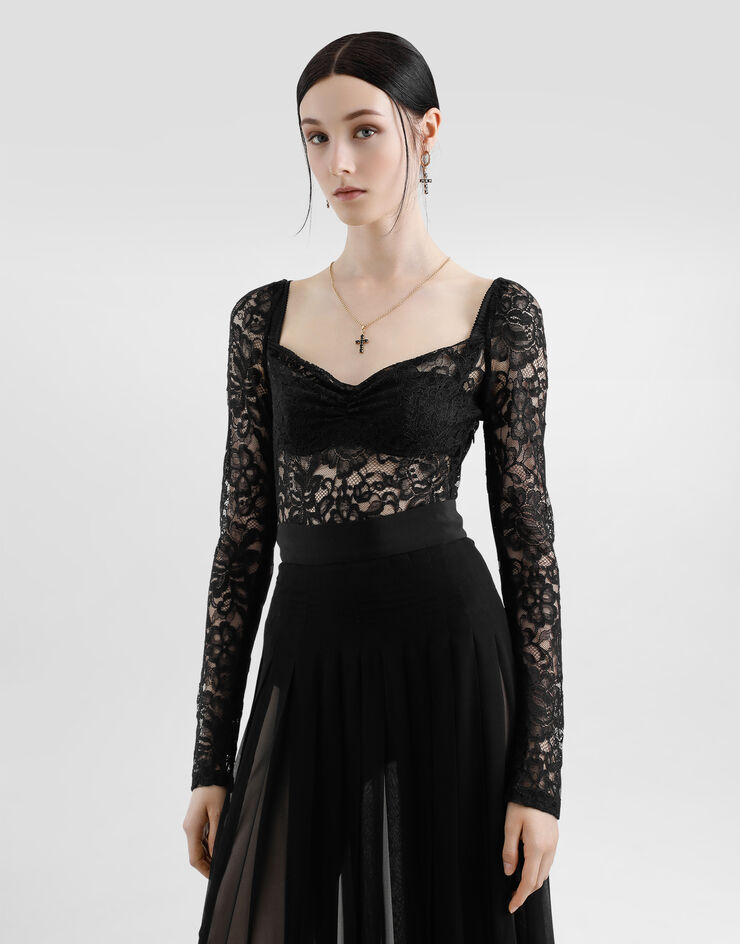 Dolce & Gabbana 花卉蕾丝心形领口上衣 黑 F7AN2THLUAH