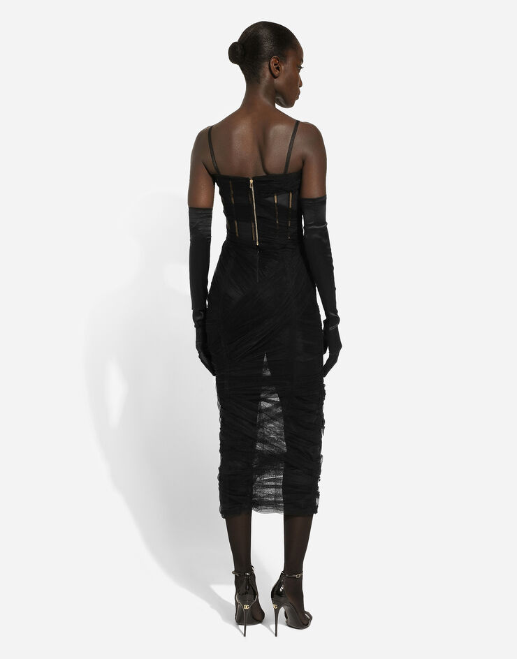 Dolce&Gabbana Tulle calf-length corset dress with draping Black F6DJYTHLUAC