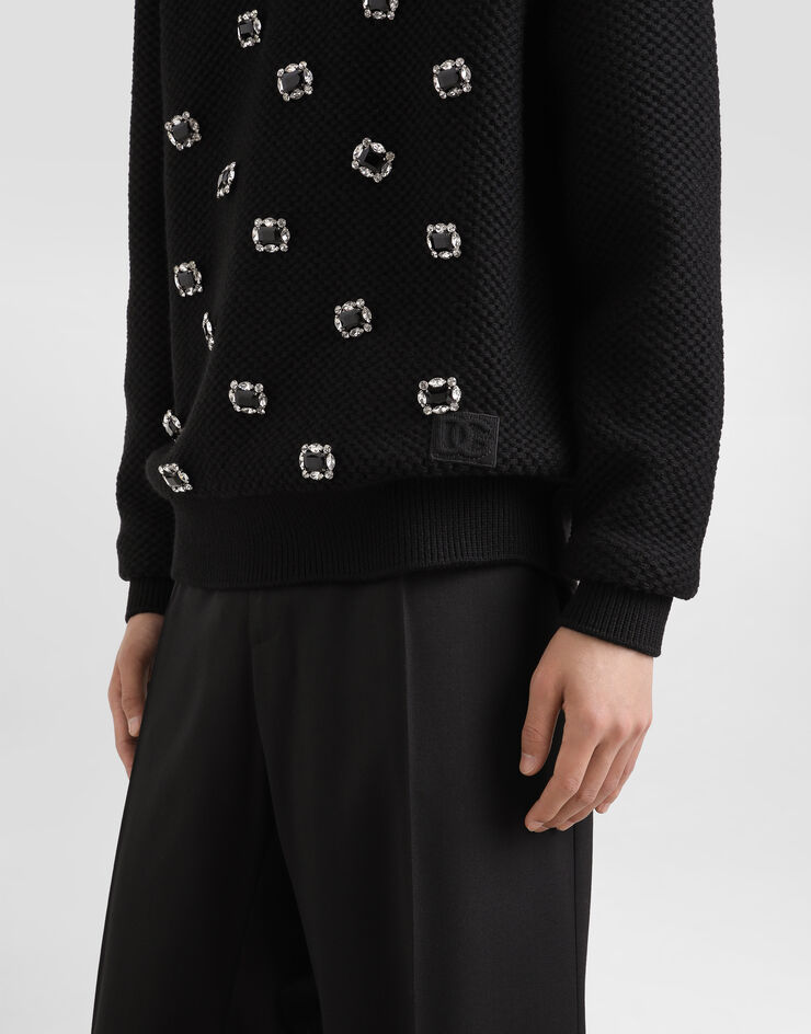 Dolce & Gabbana Pull ras de cou en laine à broderie et boutons bijou Noir GXX01ZJCVWS