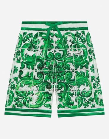 Dolce & Gabbana شورت بوبلين بطبعة ماجوليكا خضراء مطبعة L44S10FI5JO