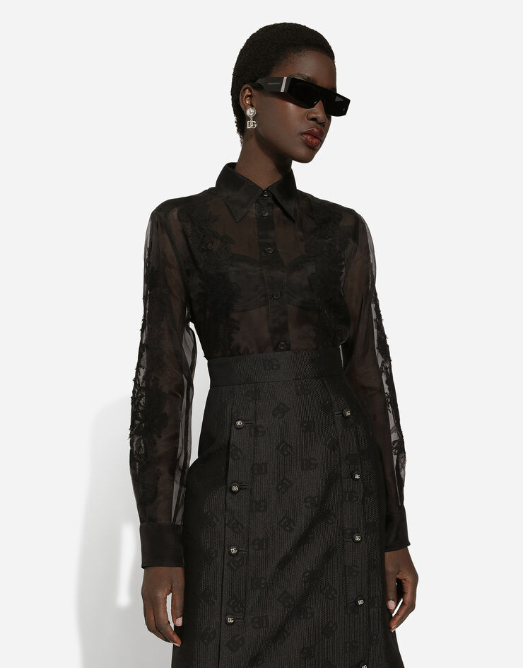 Dolce & Gabbana Camisa de organza con aplicaciones de encaje Negro F5R38TFU1BU