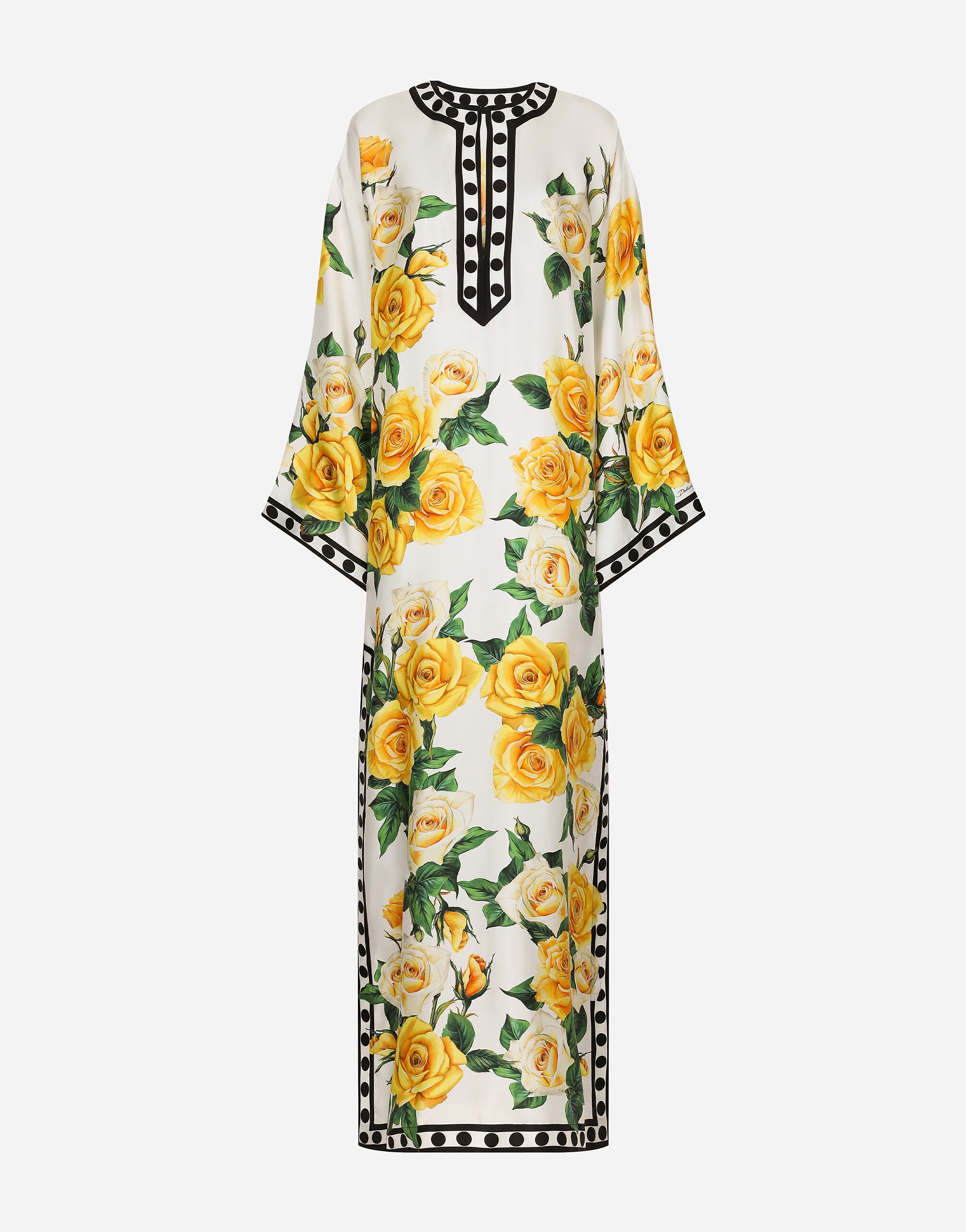 Dolce & Gabbana Silk caftan with kimono sleeves and yellow rose print Print F7W98THS5NO