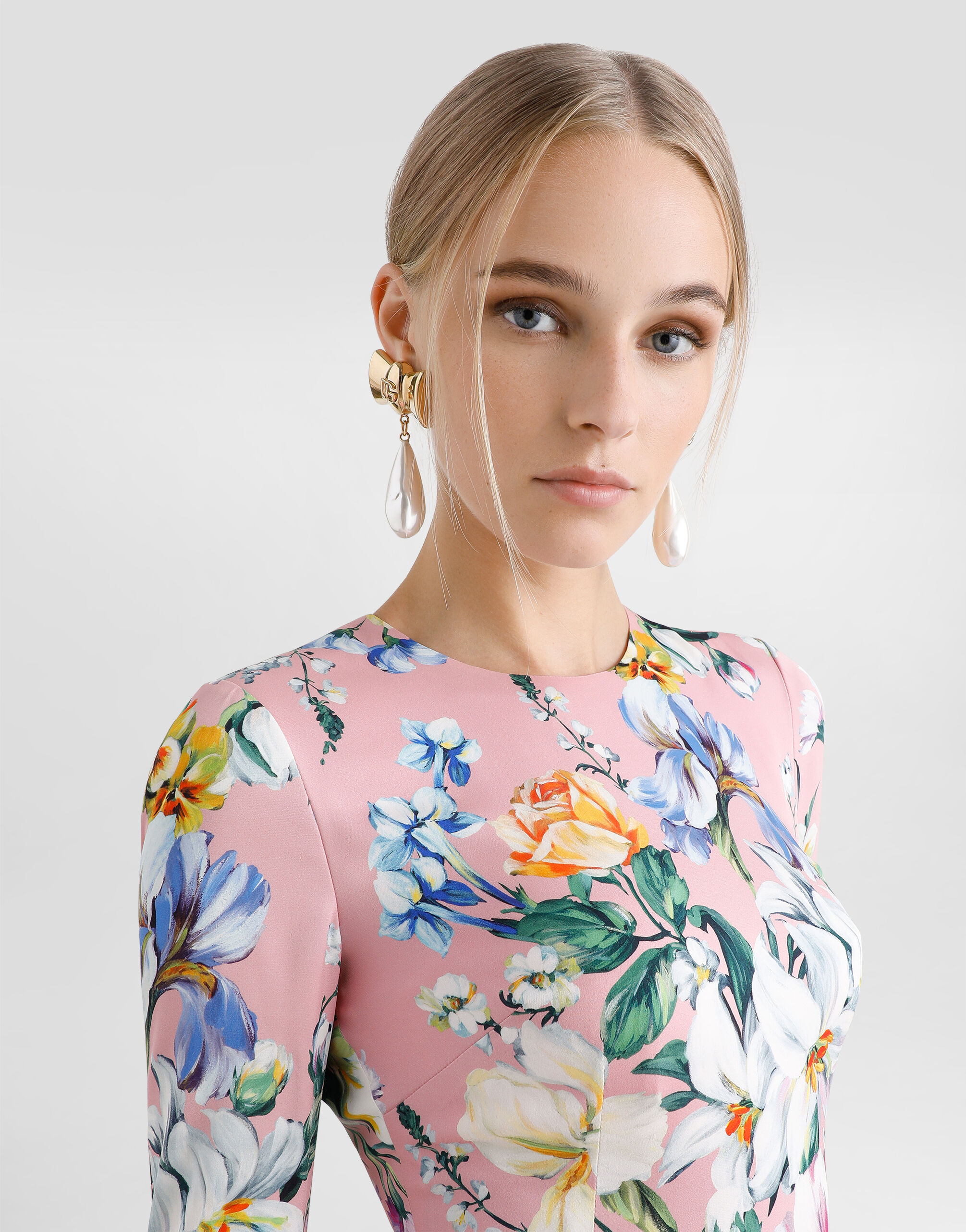 Charmeuse calf-length sheath dress with floral print in