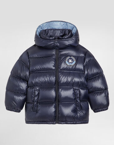 Dolce & Gabbana Long down jacket with detachable hood in shiny nylon Blue L4JB6FFUS3Y