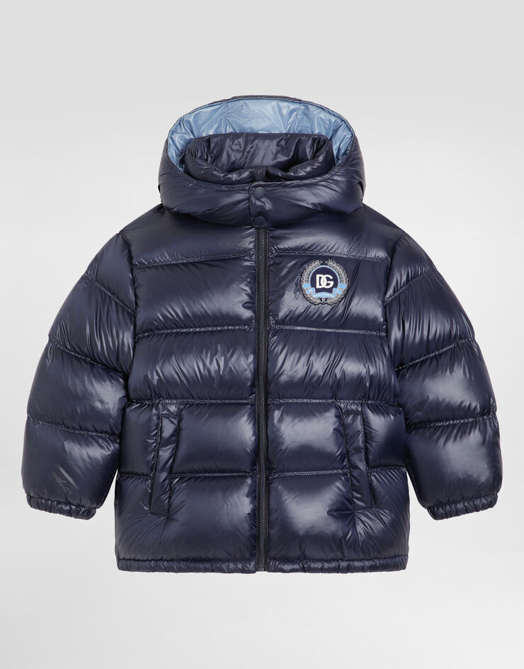 Dolce & Gabbana Long down jacket with detachable hood in shiny nylon Blue L4JB6FFUS3Y