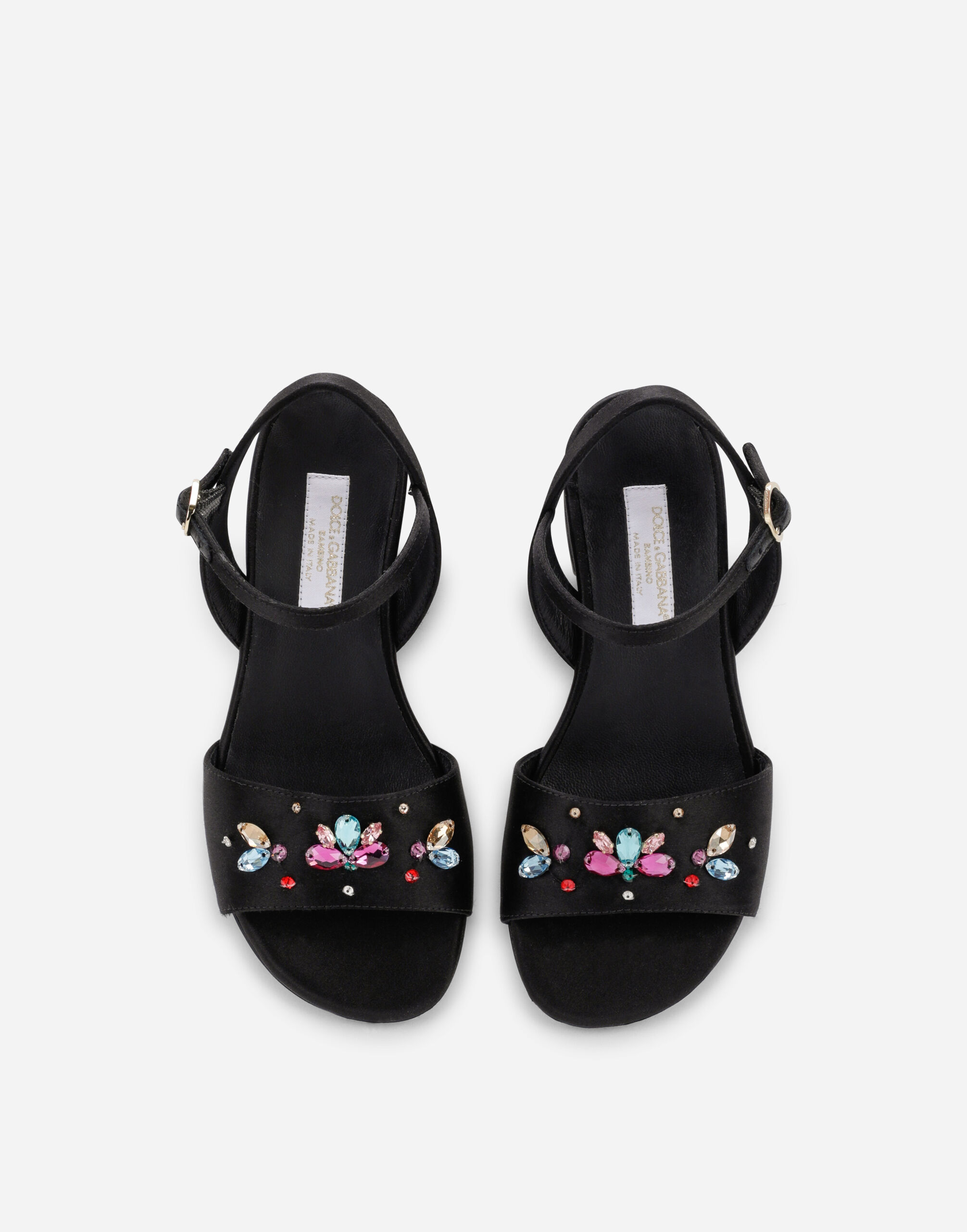 Blackのガールズ Satin sandals with multi-colored crystals