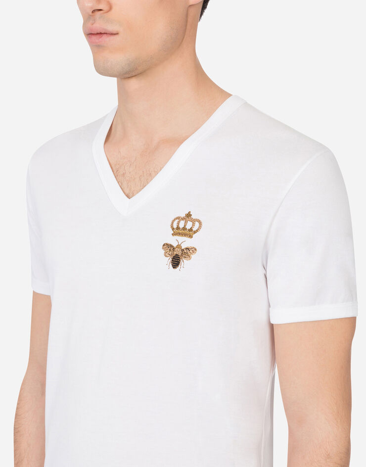 Dolce & Gabbana 皇冠与蜜蜂刺绣棉质 V 领 T 恤 白 G8KG0ZG7WUQ