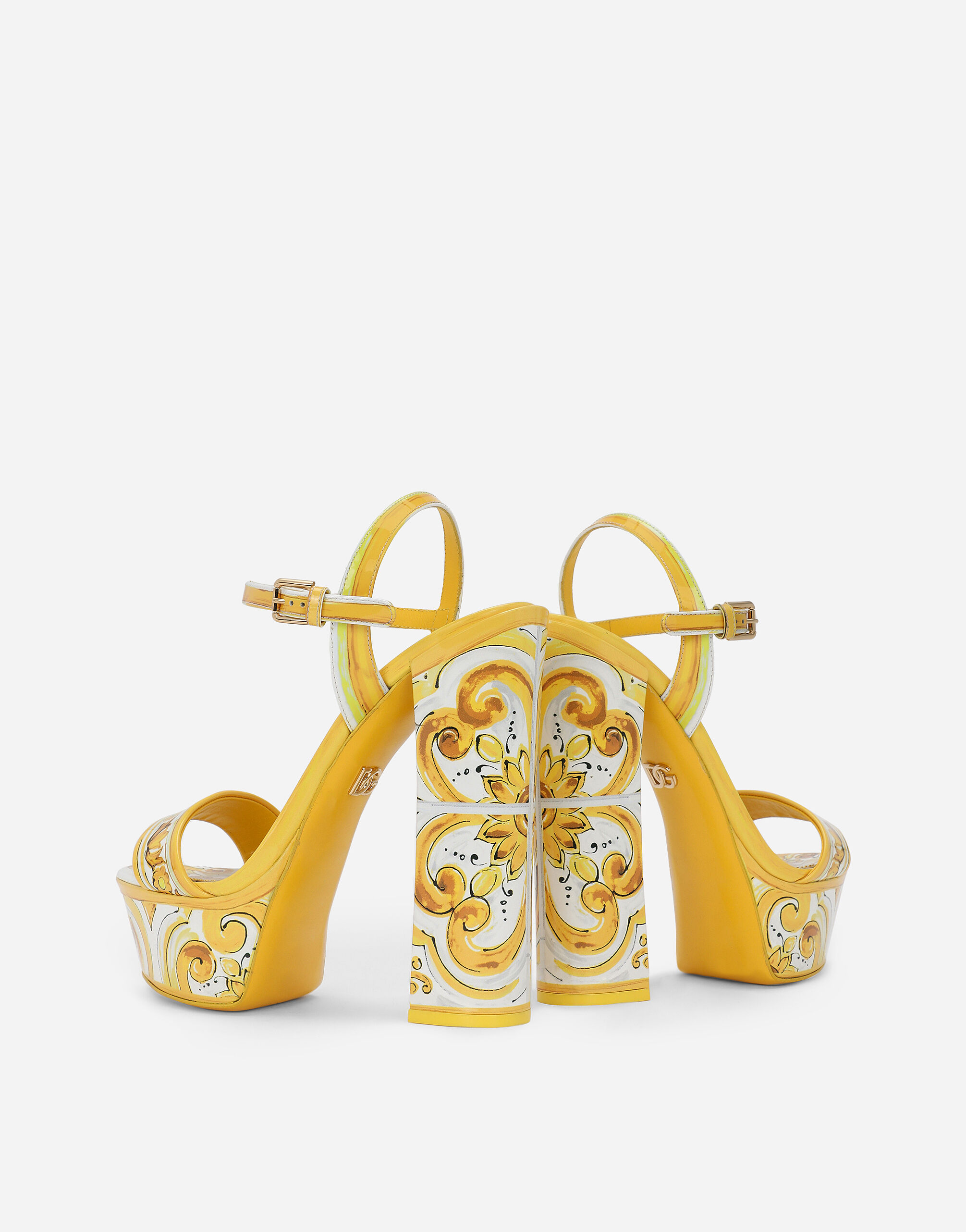 Polished calfskin platform sandals with majolica print in Yellow for Women  | Dolce&Gabbana® US