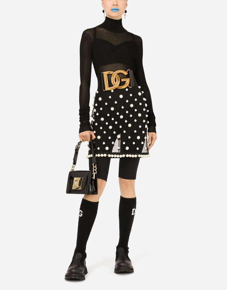 Dolce & Gabbana Short tulle skirt with pearl embellishment Black F4BVQZHLM2B