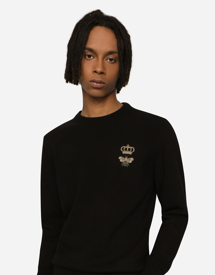 Dolce & Gabbana Round-neck wool sweater with embroidery Black GXE63ZJBVB2