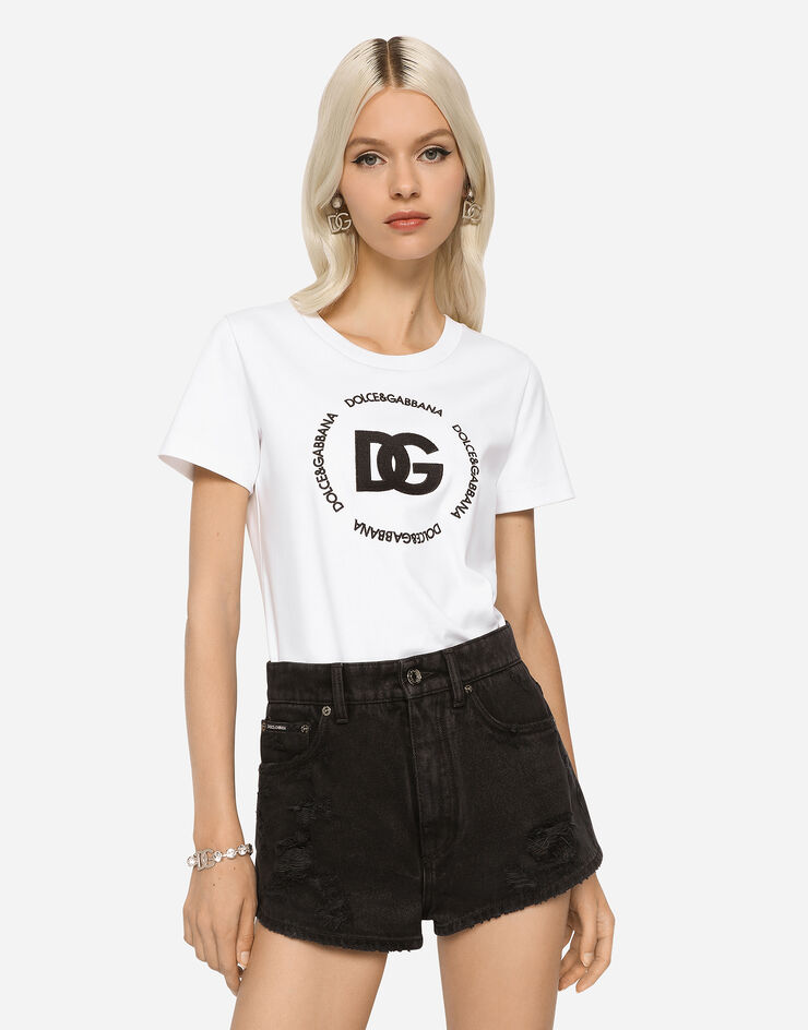 Dolce & Gabbana T-Shirt aus Interlock mit DG-Logo Weiss F8T00ZHU7H8