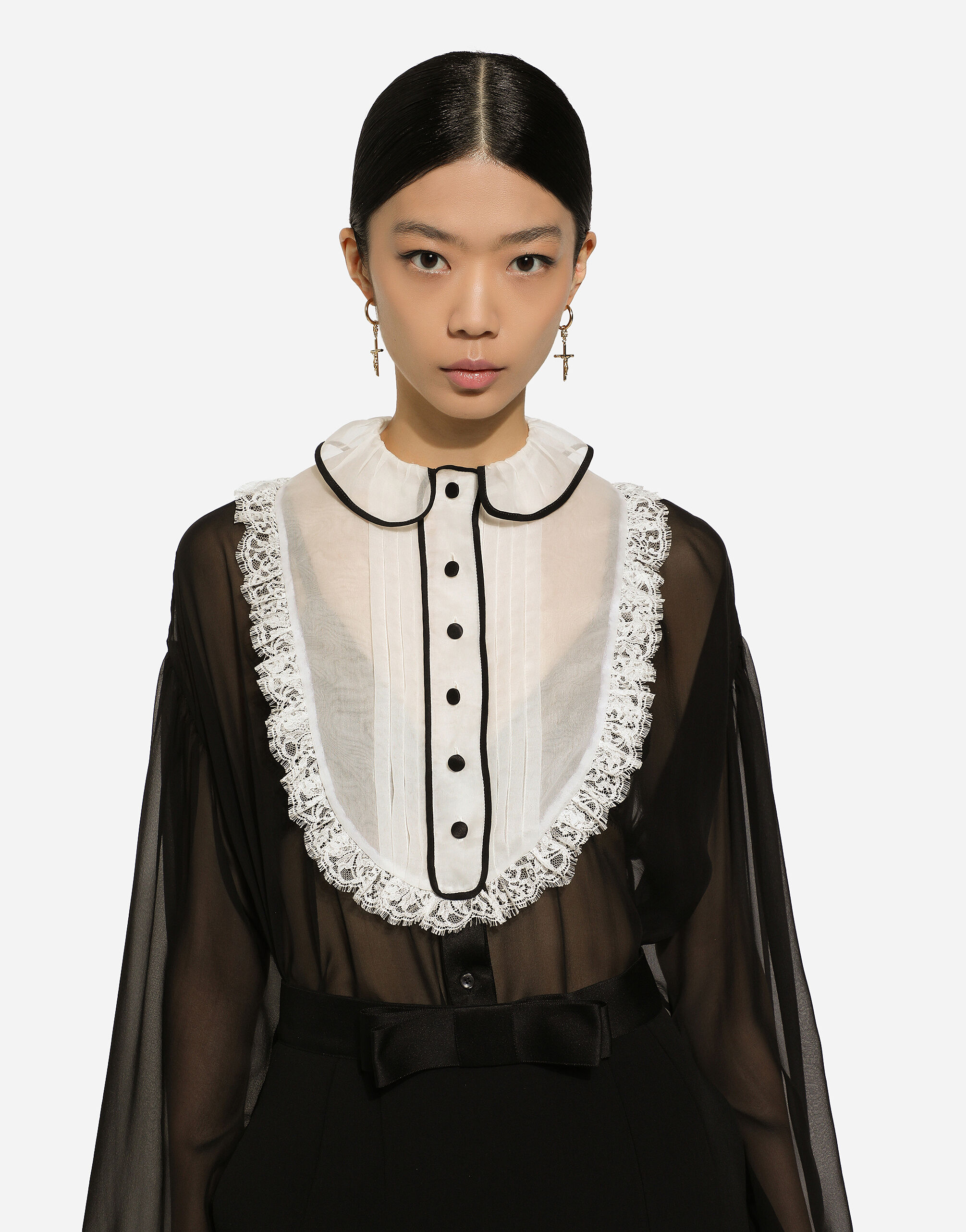 Chiffon shirt with shirt front and organza cuffs in Black