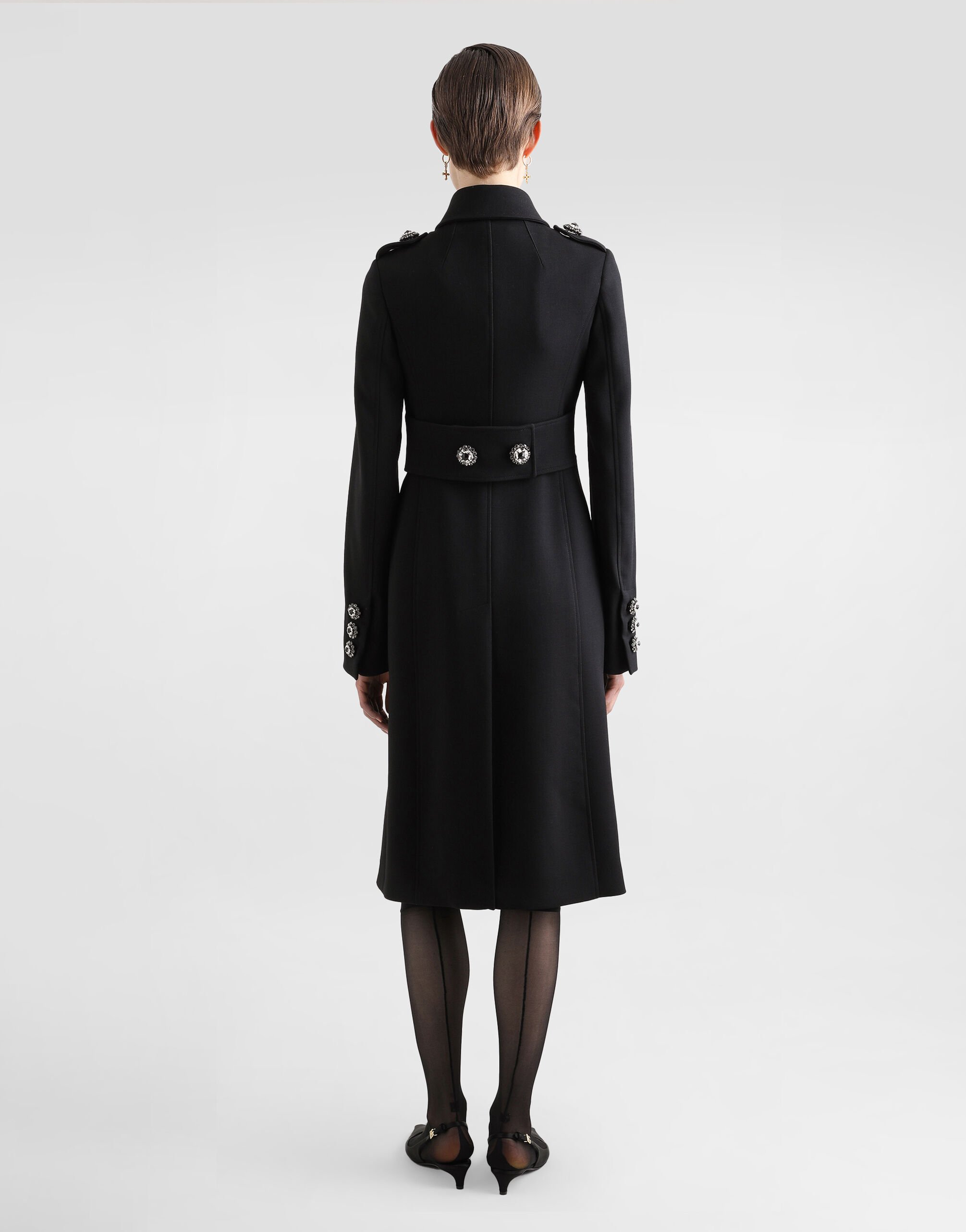 Double-breasted wool coat with bejeweled buttons in Black for