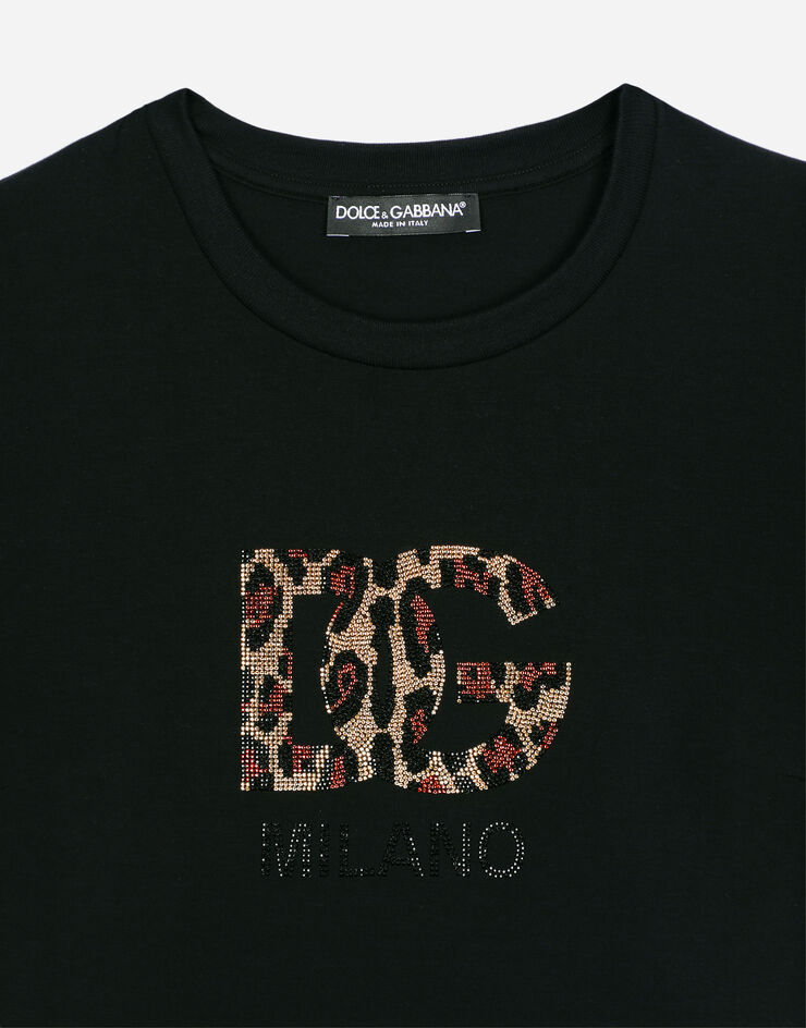 Dolce&Gabbana Kurzes T-Shirt mit DG-Logo Thermostrass Schwarz F8U48ZGDBZW