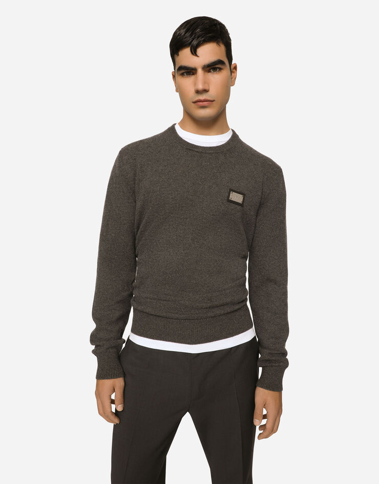 Dolce & Gabbana Wool round-neck sweater with branded tag Grey GXO39TJEMQ4