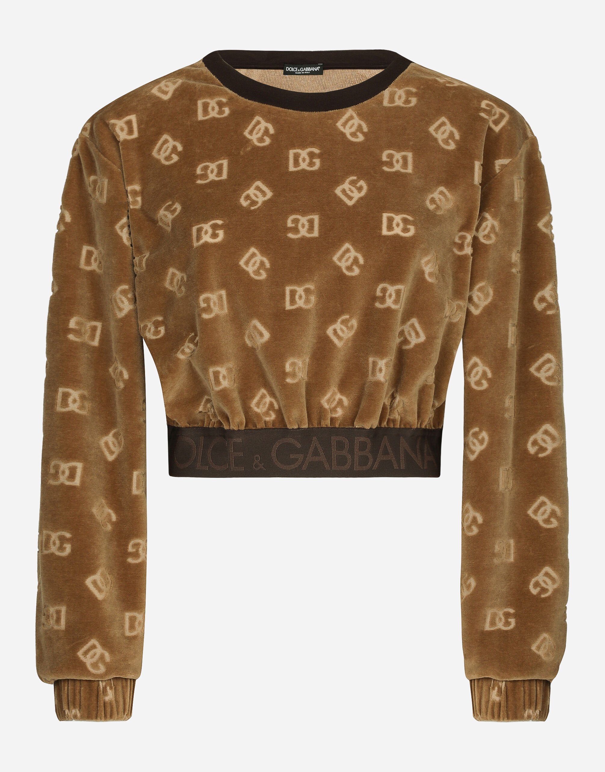 Dolce&Gabbana Short chenille sweatshirt with jacquard DG logo Beige F7W98TFUWDU