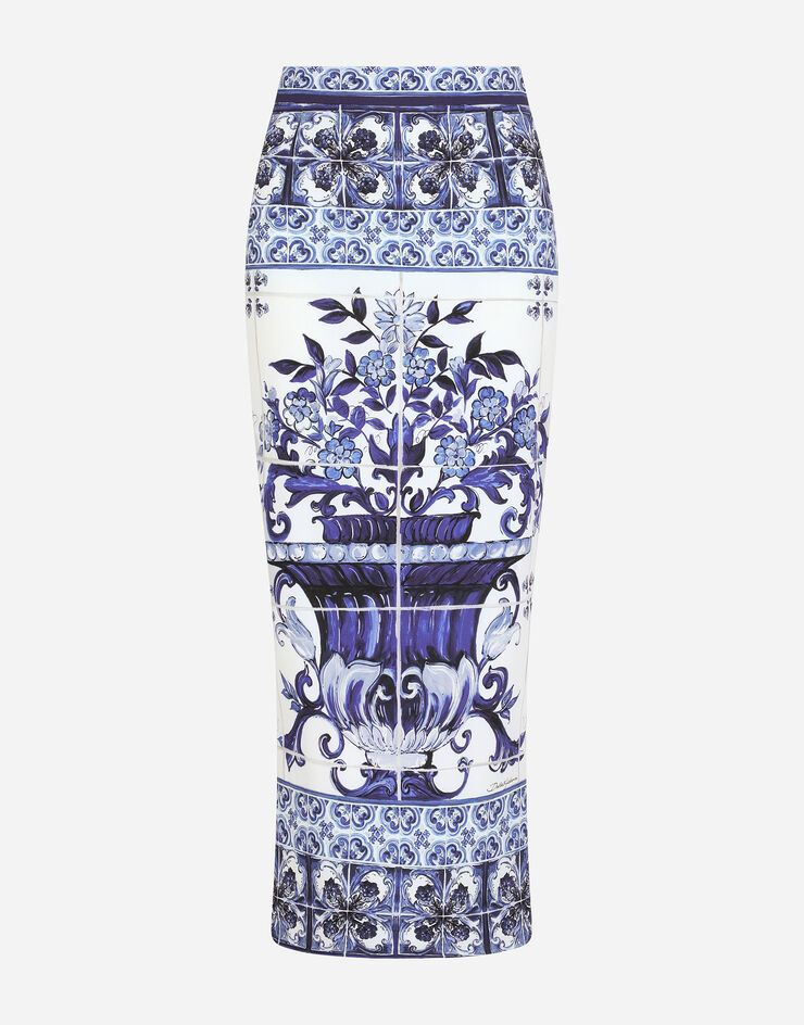Dolce&Gabbana Falda longuette de charmeuse con estampado de mayólica con abertura Multicolor F4BWLTHPABW