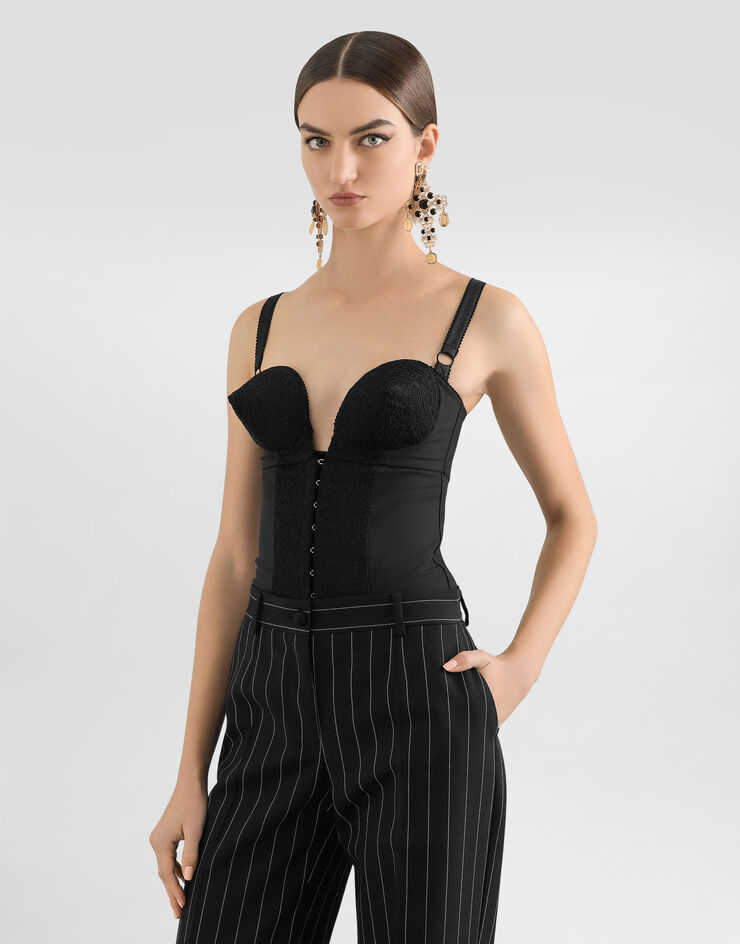 Dolce & Gabbana Lace and elasticated fabric bodysuit with deep neckline and conical cups Black F7AR0TGDC1O